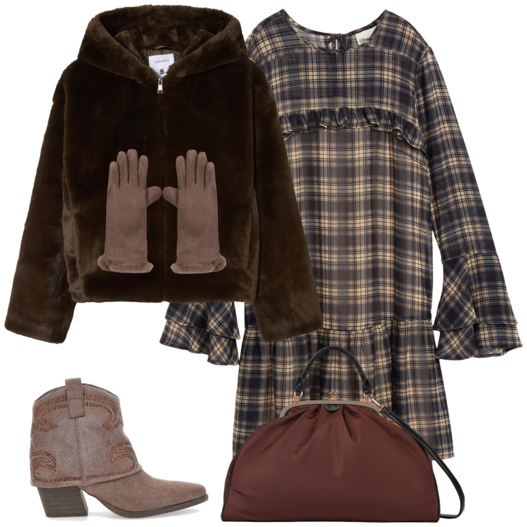 Outfit donna - Total look #2280822. Stile Trendy per Tutti i giorni. Abbinamento con vestiti, guanti, ecopellicce, stivaletti texani, borse a spalla.