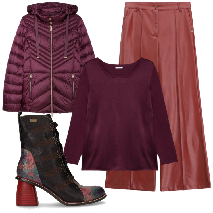 Outfit donna - Petali di rose. Stile Casual chic per Tutti i giorni. Abbinamento con pantaloni, bluse, piumini, stivaletti.