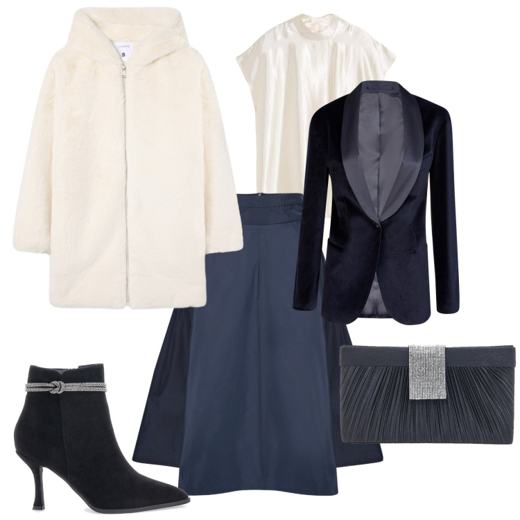 Outfit donna - Chic serata evento speciale. Stile Chic per Serata fuori. Abbinamento con top, cappotti, stivaletti, pochette, gonne, blazer.