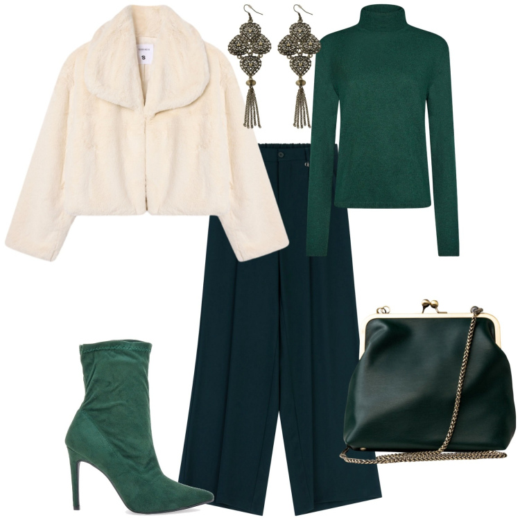 Outfit donna - Chic serata evento speciale. Stile Chic per Serata fuori. Abbinamento con ecopellicce, orecchini, pantaloni a palazzo, stivaletti, clutch, maglieria.