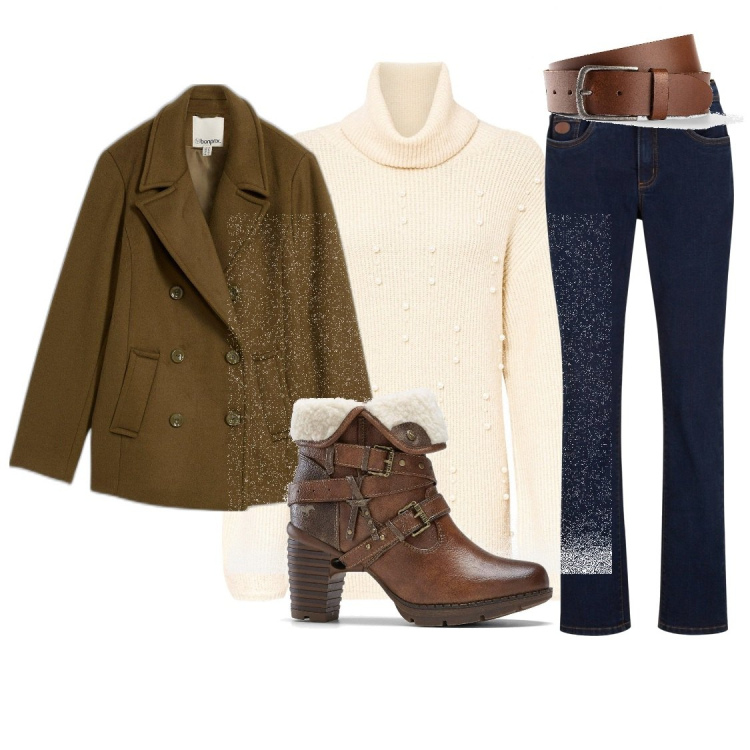 Outfit femme - Quotidien. Style Minimal pour Tous les jours. Assortir avec caban, jeans, ceintures, bottines, pulls.