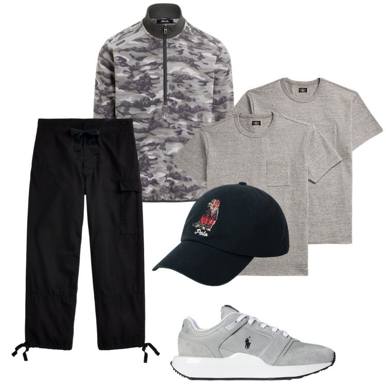 Outfit uomo - Total look #2280838. Stile Trendy per Sport. Abbinamento con t-shirt, sneakers, pullovers, cappelli con visiera, pantaloni cargo.