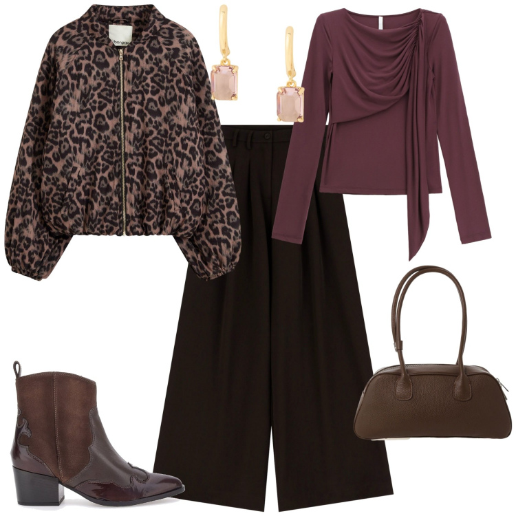 Outfit donna - Total look #2280841. Stile Chic per Serata fuori. Abbinamento con bomber, pantaloni, bluse, borse a mano, orecchini, stivaletti texani.