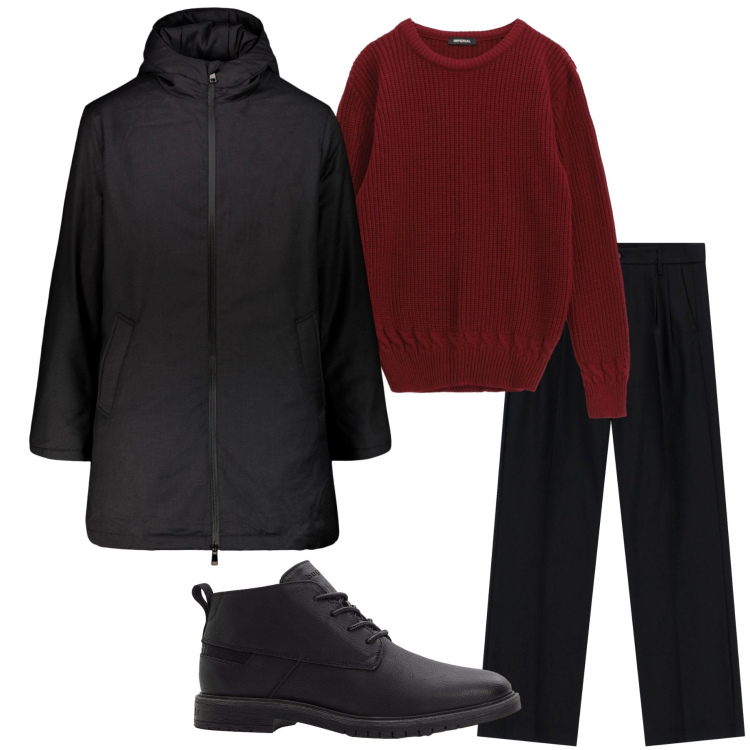 Outfit uomo - Novembre. Stile Urban per Tutti i giorni. Abbinamento con stivali e stivaletti, maglieria, pantaloni, parka.