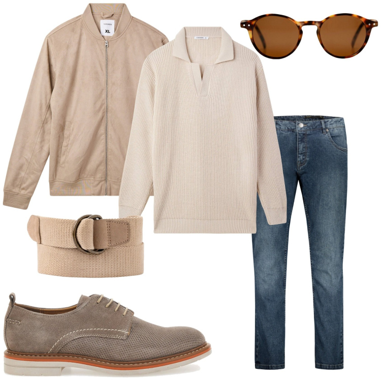 Outfit uomo - Maglia da uomo con collo derby. Stile Trendy per Tutti i giorni. Abbinamento con bomber, maglieria, scarpe stringate, jeans, cinture, occhiali da sole.