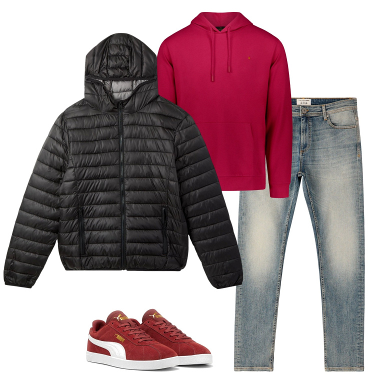 Outfit uomo - Tutti i giorni. Stile Casual per Tutti i giorni. Abbinamento con jeans skinny, piumini, sneakers, felpe con cappuccio.