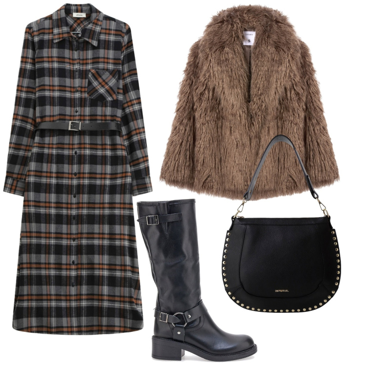 Outfit donna - Total look #2280854. Stile Glamour per Serata fuori. Abbinamento con ecopellicce, borse a spalla, vestiti midi/longuette, stivali.