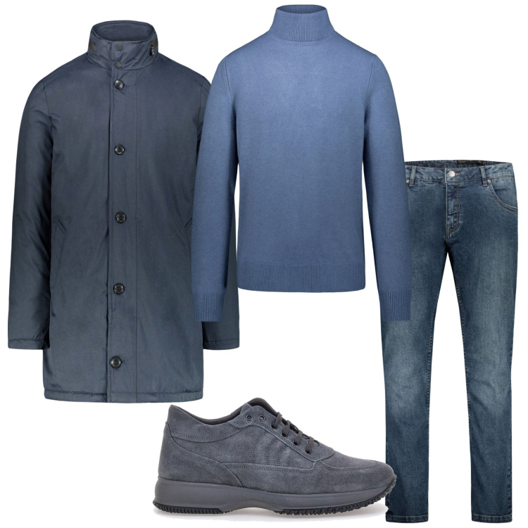Outfit uomo - Tonalità di blu. Stile Urban per Tutti i giorni. Abbinamento con sneakers, maglieria, jeans, giacche.