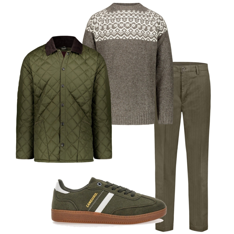 Outfit uomo - In campagna. Stile Casual per Tutti i giorni. Abbinamento con sneakers, giacche, pantaloni, maglieria.