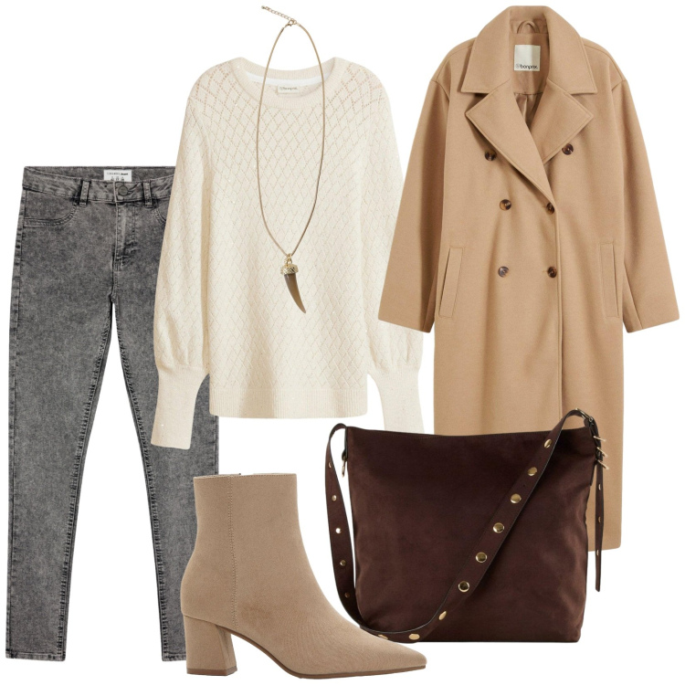 Outfit donna - Total look #2280862. Stile Minimal per Tutti i giorni. Abbinamento con cappotti, shopping bag, maglieria, stivaletti, jeggings, collane.