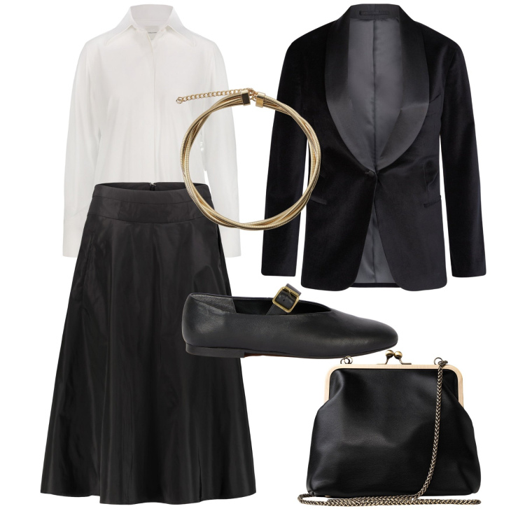 Outfit donna - Chic low cost di sera. Stile Chic per Serata fuori. Abbinamento con collane, gonne, clutch, camicie, blazer, ballerine.
