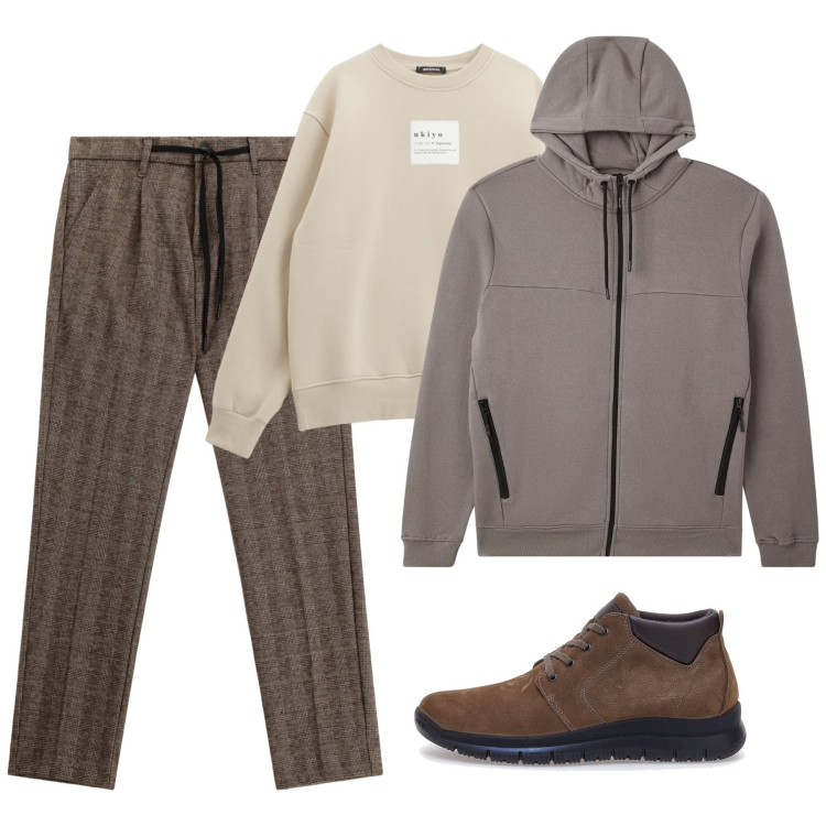 Outfit uomo - Novembre. Stile Trendy per Tutti i giorni. Abbinamento con felpe con cappuccio, pantaloni, felpe, scarpe stringate.