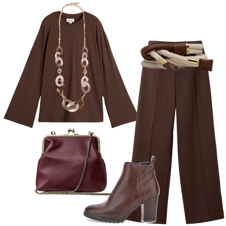 Outfit donna - Total look #2280892. Stile Casual chic per Serata fuori. Abbinamento con maglieria, pantaloni, stivaletti, collane, cinture, clutch.