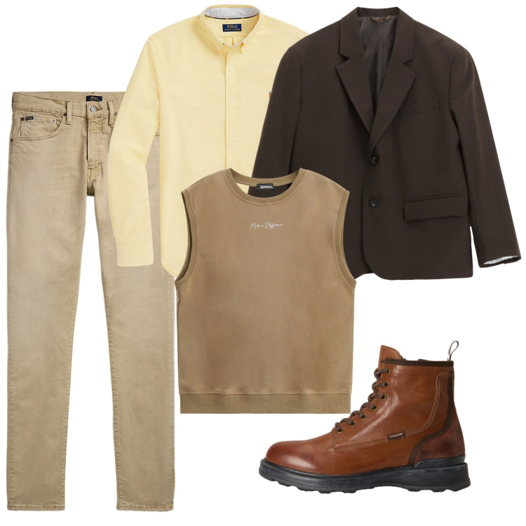Outfit uomo - Crème Caramel. Stile Casual per Tutti i giorni. Abbinamento con giacche, felpe, jeans, camicie, anfibi.