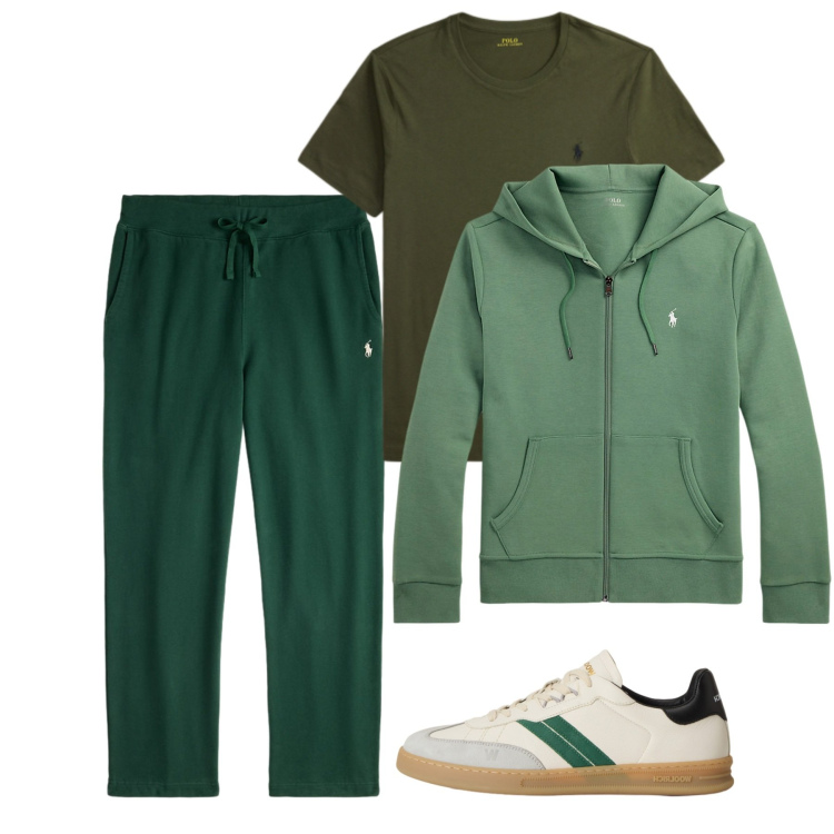 Outfit uomo - Green sport. Stile Casual per Tutti i giorni. Abbinamento con felpe, t-shirt, pantaloni, sneakers.