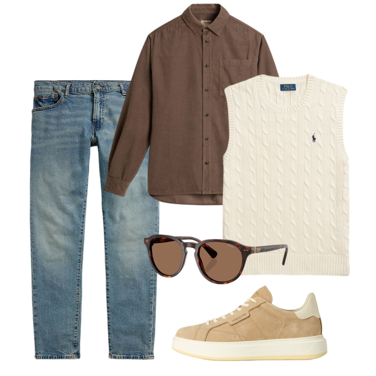 Outfit uomo - Sole a novembre. Stile Casual per Tutti i giorni. Abbinamento con occhiali da sole, jeans, maglieria, sneakers, camicie.