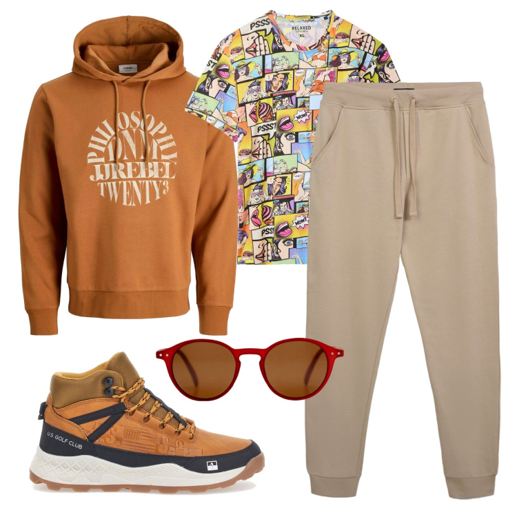 Outfit uomo - Caffè della domenica mattina!. Stile Urban per Tutti i giorni. Abbinamento con felpe con cappuccio, t-shirt, pantaloni, stivali e stivaletti, occhiali da sole.