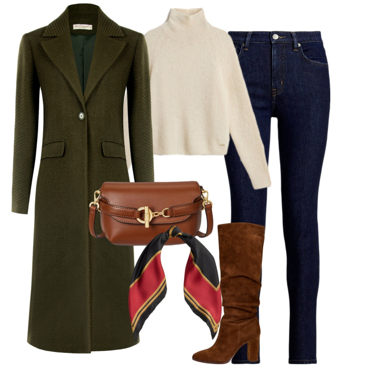 Outfit donna - Verde autunnale. Stile Casual chic per Tutti i giorni. Abbinamento con cappotti, stivali, borse a tracolla, jeans skinny, foulard, maglieria.