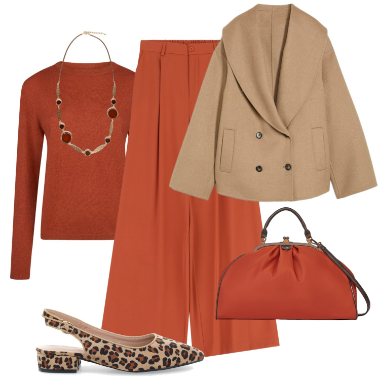 Outfit donna - Convenienza chic H24. Stile Glamour per Tutti i giorni. Abbinamento con blazer, pantaloni a palazzo, ballerine, collane, borse a spalla, maglieria.