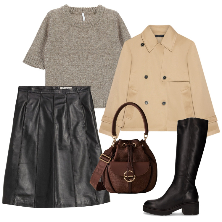 Outfit donna - Ecopelle e pull melange. Stile Chic per Tutti i giorni. Abbinamento con gonne, maglieria, borse a secchiello, trench, stivali.