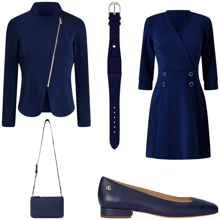 Outfit donna - Sera in blu. Stile Bon Ton per Serata fuori. Abbinamento con vestiti corti, blazer, orologi, borse a tracolla, ballerine.