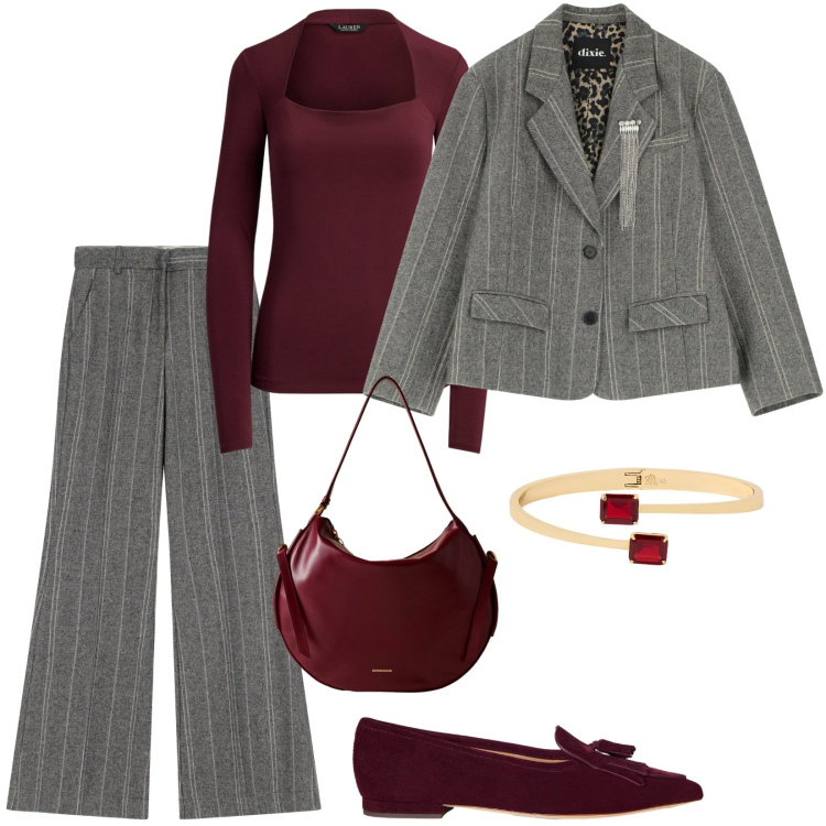 Outfit donna - Outfit grigio e bordeaux. Stile Casual chic per Tutti i giorni. Abbinamento con pantaloni, blazer, borse a spalla, top, ballerine, braccialetti.