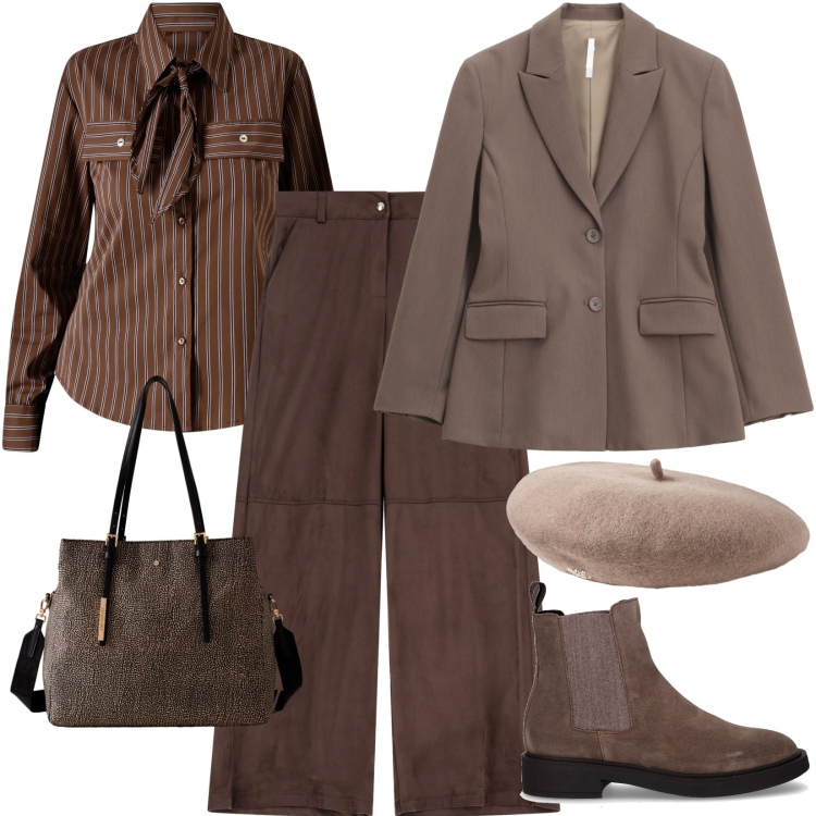 Outfit donna - Sfumature del marrone trend 2025-26. Stile Trendy per Tutti i giorni. Abbinamento con camicie, blazer, shopping bag, pantaloni a palazzo, berretti, stivaletti chelsea.