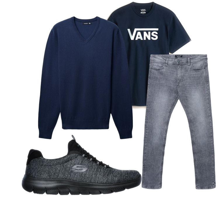Outfit uomo - Total look #2280959. Stile Casual per Tutti i giorni. Abbinamento con maglieria, jeans skinny, t-shirt, sneakers.