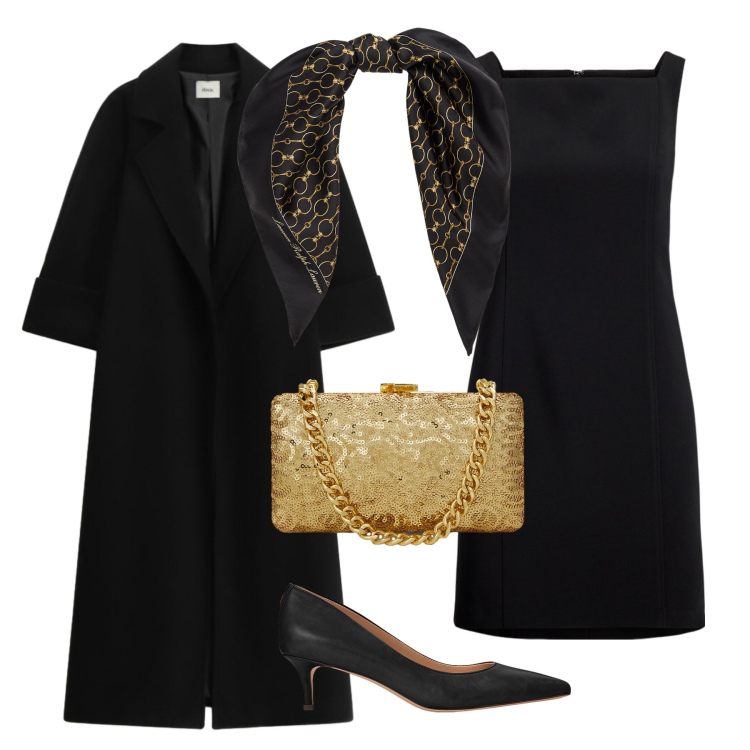 Outfit donna - Black and bright. Stile Chic per Serata fuori. Abbinamento con cappotti, décolleté, vestiti senza maniche, clutch, foulard.