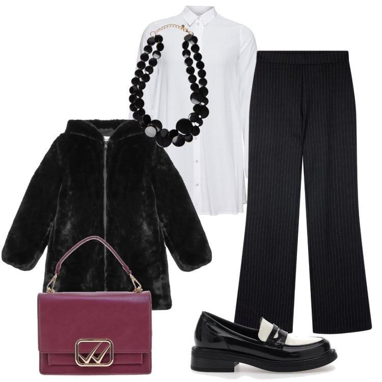 Outfit donna - Elegante in bianco e nero. Stile Chic per Tutti i giorni. Abbinamento con camicie, pantaloni, cappotti, collane, mocassini, borse a tracolla.
