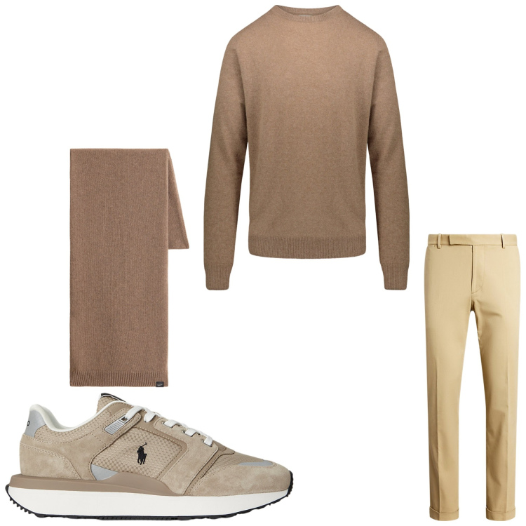 Outfit uomo - Sporty beige. Stile Casual per Tutti i giorni. Abbinamento con sneakers, pantaloni chino, sciarpe, maglieria.