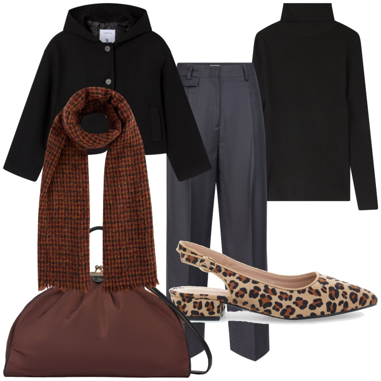 Outfit donna - Maglia dolcevita e pantaloni maschili. Stile Mannish per Ufficio. Abbinamento con maglieria, caban, ballerine, borse a spalla, pantaloni, sciarpe.