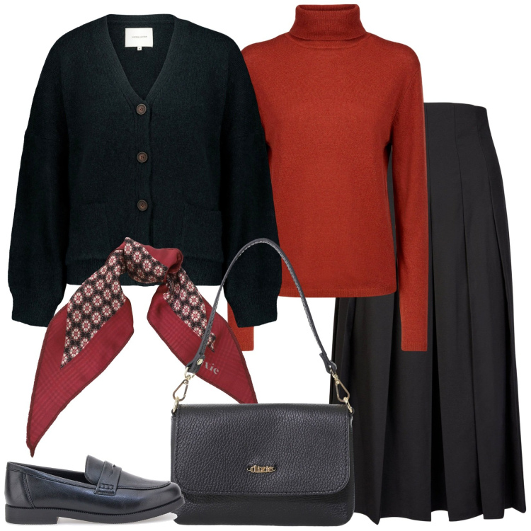 Outfit donna - Un foulard e via. Stile Casual chic per Ufficio. Abbinamento con foulard, borse a tracolla, cardigans, mocassini, gonne longuette, pullovers.