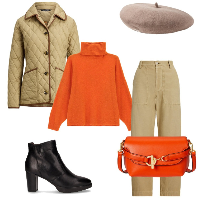 Outfit donna - Passeggiata. Stile Mannish per Tutti i giorni. Abbinamento con maglieria, pantaloni, borse a tracolla, berretti, giacche, stivaletti.