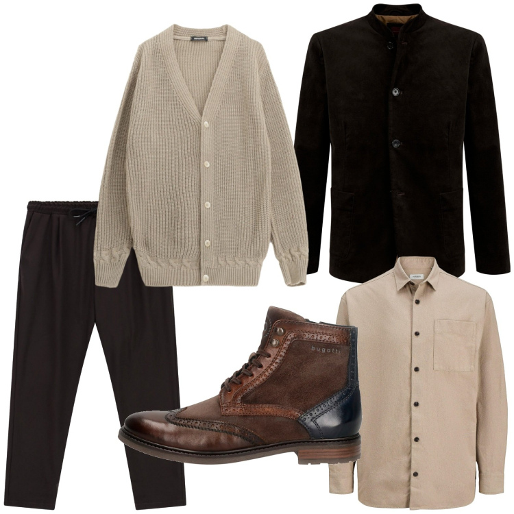 Outfit uomo - Lo stile del caffè mattutino. Stile Casual per Tutti i giorni. Abbinamento con camicie, pantaloni, cardigans, anfibi, giacche.