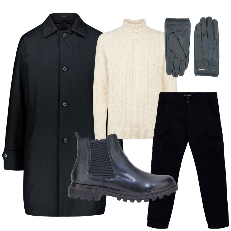 Outfit uomo - Cappotto lungo, fascino senza tempo. Stile Casual per Tutti i giorni. Abbinamento con pantaloni cargo, stivali e stivaletti, guanti, cappotti, maglieria.