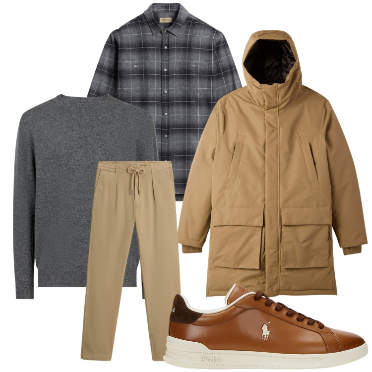 Outfit uomo - Il potere del parka. Stile Casual per Ufficio. Abbinamento con parka, sneakers, pantaloni, camicie, maglieria.