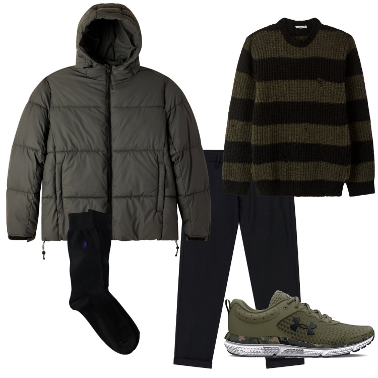 Outfit uomo - Total look #2281090. Stile Urban per Tutti i giorni. Abbinamento con bomber, maglieria, pantaloni, calzini, scarpe sportive.