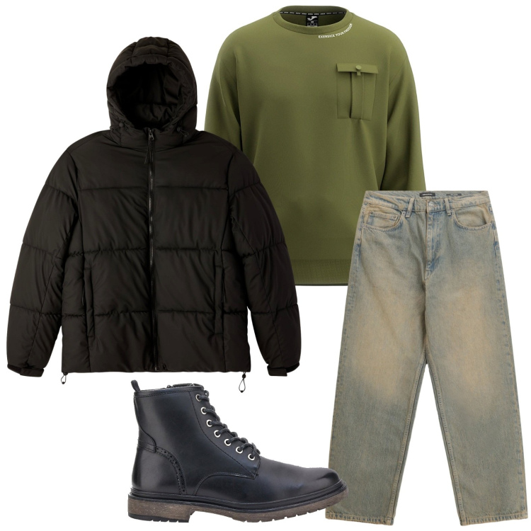 Outfit uomo - Look morbido. Stile Casual per Tutti i giorni. Abbinamento con bomber, jeans, anfibi, felpe.