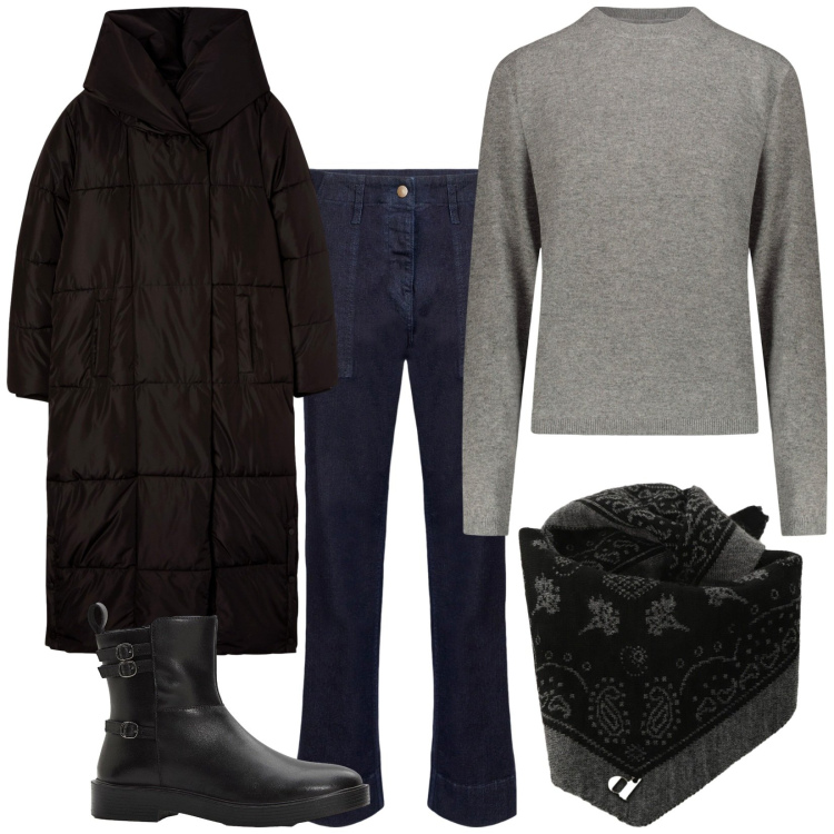 Outfit donna - Il mio foulard. Stile Basic per Tutti i giorni. Abbinamento con stivaletti, cappotti, foulard, maglieria, pantaloni.