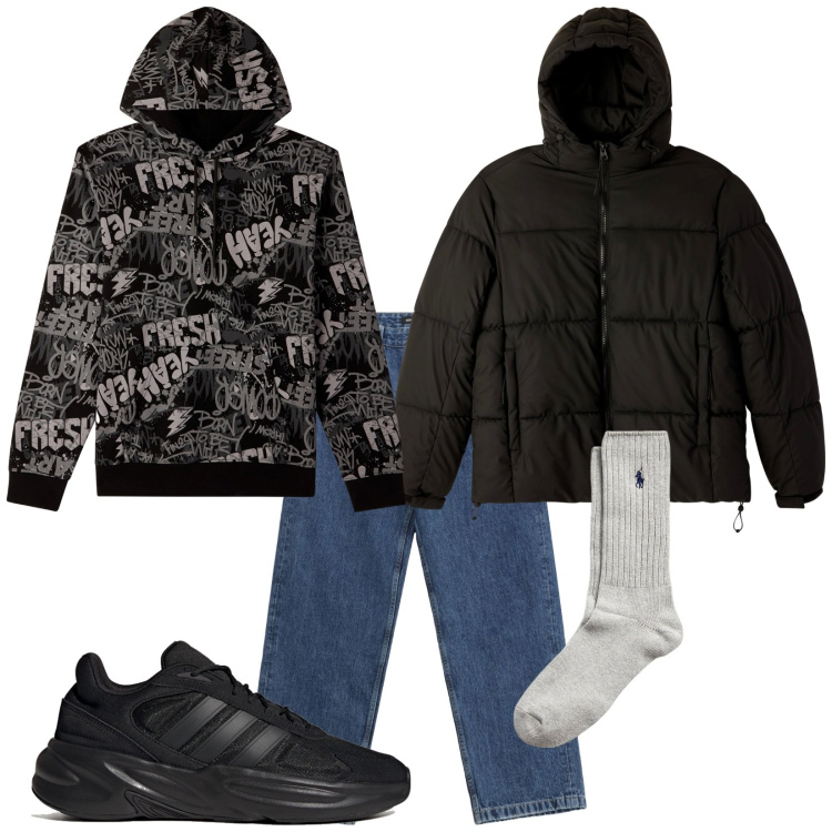 Outfit uomo - Total look #2281098. Stile Urban per Tutti i giorni. Abbinamento con felpe con cappuccio, bomber, jeans, calzini, scarpe sportive.