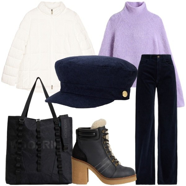 Outfit donna - Novembre 2025 con un cappello. Stile Casual chic per Tutti i giorni. Abbinamento con pantaloni, berretti, borse tote, stivaletti, maglieria, piumini.
