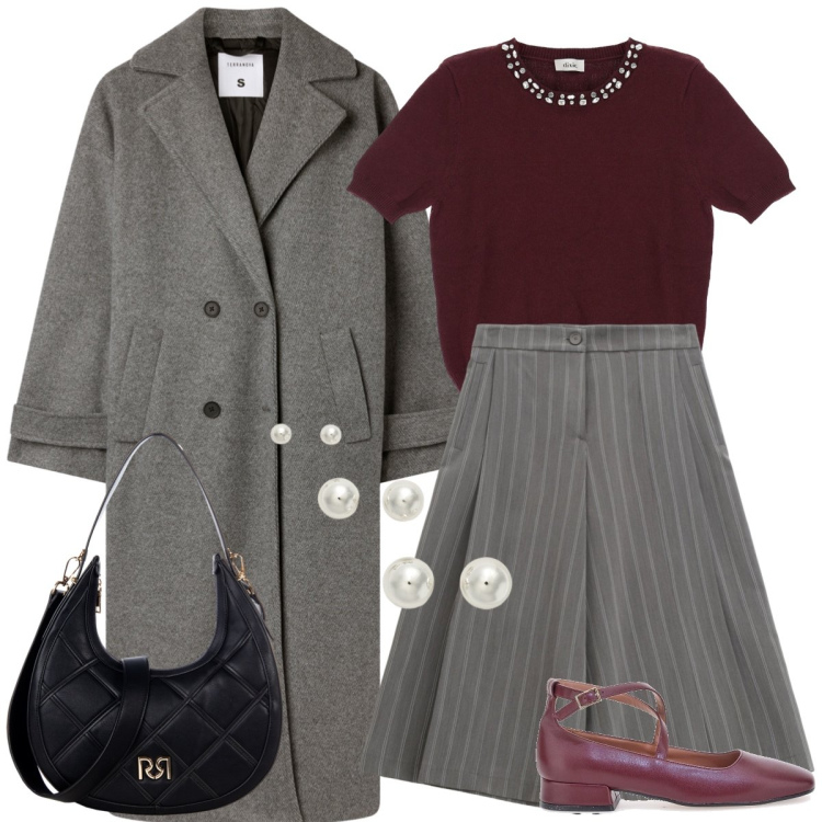 Outfit donna - Total look #2281144. Stile Chic per Tutti i giorni. Abbinamento con borse a tracolla, cappotti, pantaloni, maglieria, orecchini, ballerine.