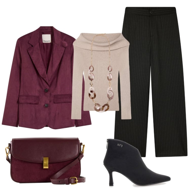 Outfit donna - Gessato classico. Stile Chic per Ufficio. Abbinamento con blazer, borse a mano, pantaloni, maglieria, collane, stivaletti.