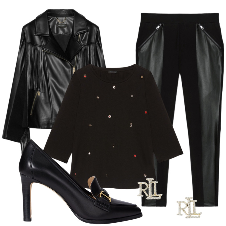 Outfit donna - Dark. Stile Glamour per Serata fuori. Abbinamento con orecchini, décolleté, t-shirt, leggings, giacche.