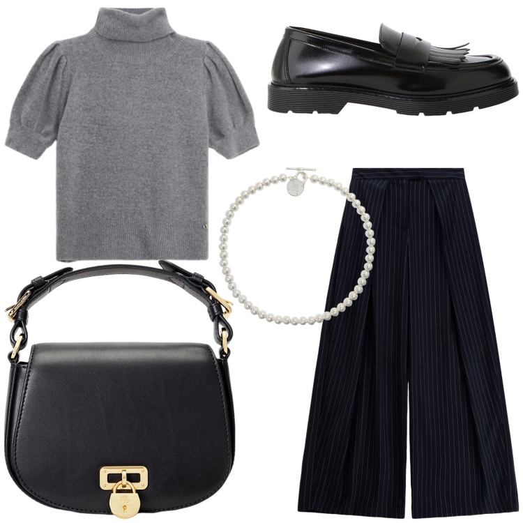 Outfit donna - Femminile in ufficio. Stile Chic per Ufficio. Abbinamento con pantaloni a palazzo, mocassini, maglieria, borse a tracolla, collane.