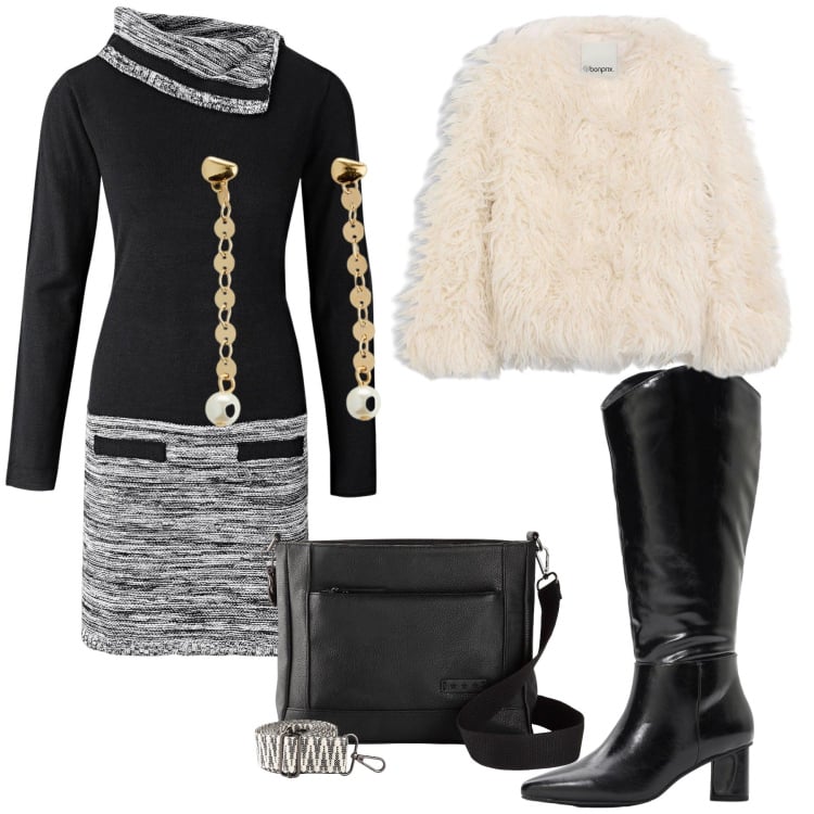 Outfit donna - Total look #2281162. Stile Rock per Serata fuori. Abbinamento con vestiti, ecopellicce, stivali, borse a tracolla, orecchini.