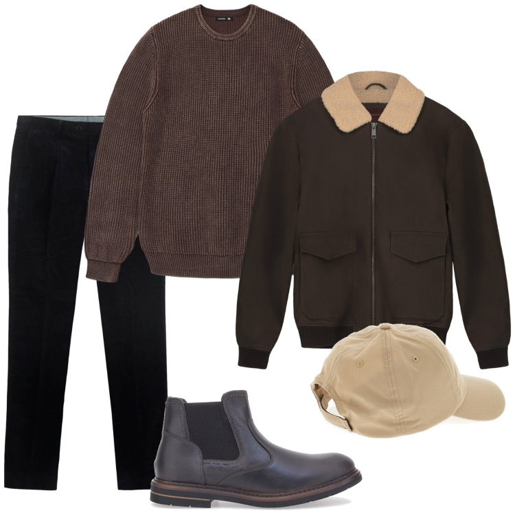 Outfit uomo - Il caffè al bar. Stile Casual per Tutti i giorni. Abbinamento con maglieria, stivali e stivaletti, cappelli, pantaloni, bomber.