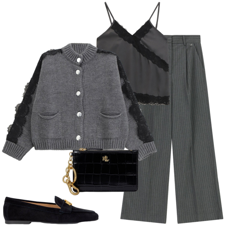 Outfit donna - Lines of style. Stile Casual chic per Serata fuori. Abbinamento con cardigans, top, pantaloni a palazzo, mocassini, portafogli.