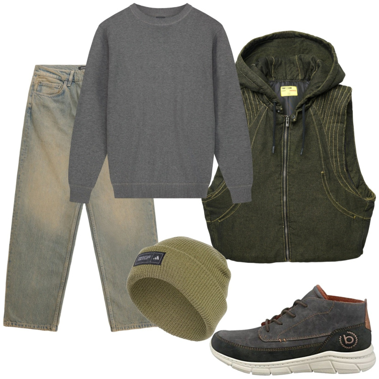 Outfit uomo - Breakfast day. Stile Casual per Tutti i giorni. Abbinamento con gilet, jeans, sneakers alte, berretti, maglieria.